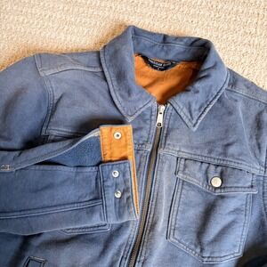 American Giant Mens Blue Heavyweight Fleece Lined Full Zip Trucker Jacket S USA